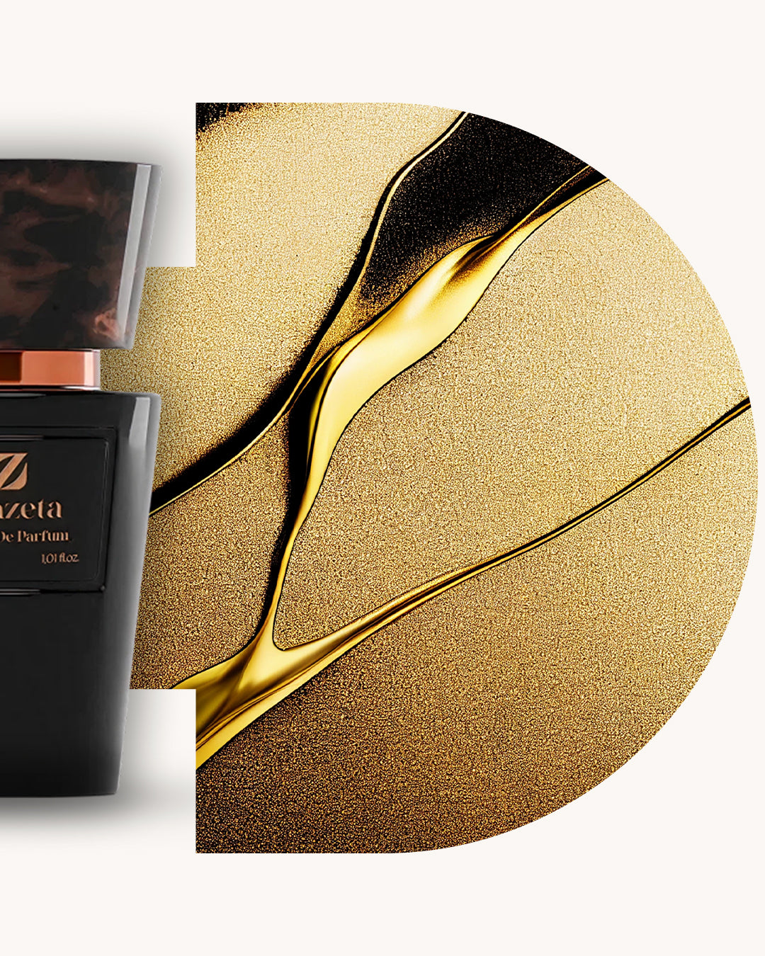 Detailansicht des Chogan 001 Extrait de Parfum, linker schwarzer Flakon mit brauner Kappe, rechts golden-schwarz schimmernder Hintergrund, Duftfamilie ähnlich One Million Paco Rabanne.