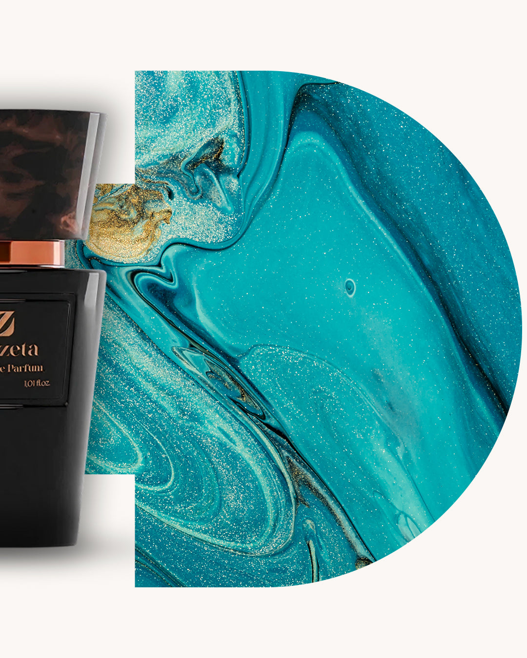 Detailansicht des Chogan 002 Extrait de Parfum, linker schwarzer Flakon mit brauner Kappe, rechts türkis-goldene Marmorstruktur, Duftfamilie ähnlich Acqua di Gio Giorgio Armani.