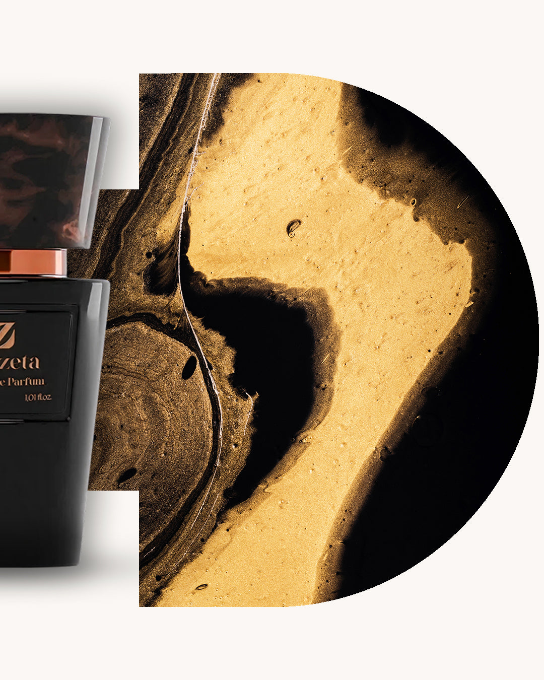 Detailansicht des Chogan 004 Extrait de Parfum, linker schwarzer Flakon mit dunkelbrauner Kappe, rechts gold-schwarzer marmorierter Hintergrund, Duftfamilie ähnlich The One Dolce & Gabbana.