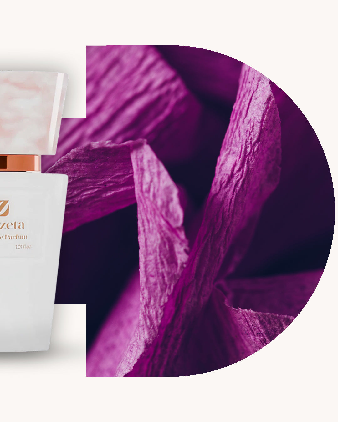 Detailansicht des Chogan 010 Extrait de Parfum, linker weisser Flakon mit rosé marmorierter Kappe, rechts violetter blütenartiger Hintergrund, Duftfamilie ähnlich Alien Mugler.
