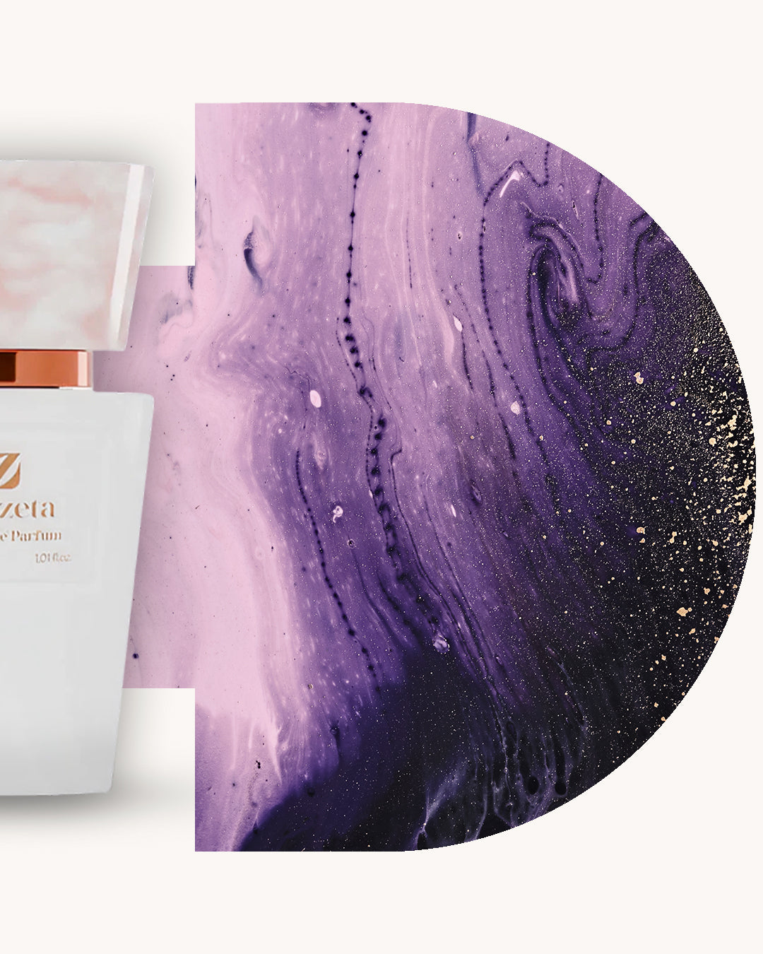 Detailansicht des Chogan 014 Extrait de Parfum, linker weisser Flakon mit rosé marmorierter Kappe, rechts violett-gold marmorierter Hintergrund, Duftfamilie ähnlich Manifesto Yves Saint Laurent.