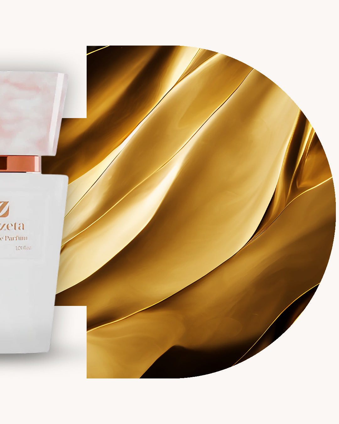 Detailansicht des Chogan 019 Extrait de Parfum, linker weisser Flakon mit rosé marmorierter Kappe, rechts goldglänzender Hintergrund mit gefalteter Metallstruktur, Duftfamilie ähnlich Lady Million Paco Rabanne.