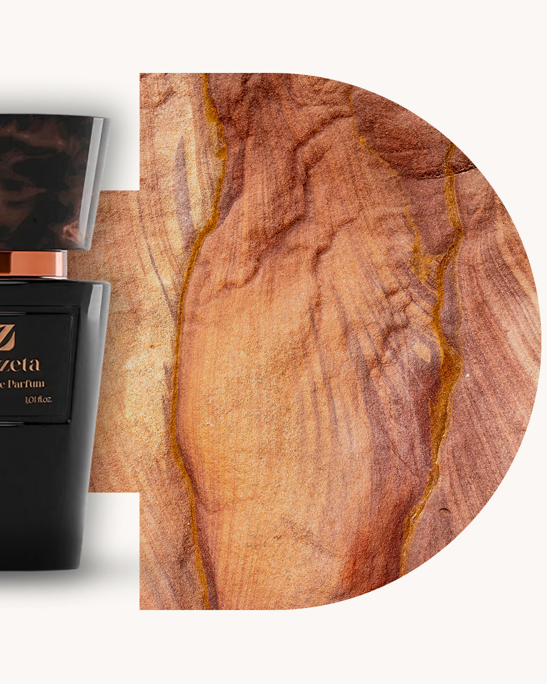 Detailansicht des Chogan 022 Extrait de Parfum, linker schwarzer Flakon mit braun marmorierter Kappe, rechts braun-goldener Hintergrund mit erdiger Steinstruktur, Duftfamilie ähnlich Terre d’Hermès.