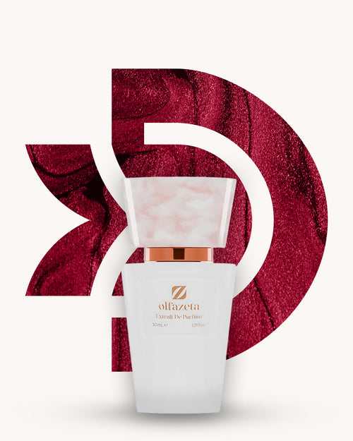 Chogan 023 Extrait de Parfum, weisser Parfumflakon mit rosé marmorierter Verschlusskappe und kupferfarbenem Akzent, mittig vor dunkelrotem D-förmigem Hintergrund mit samtig strukturierter Oberfläche, Duftfamilie ähnlich Hypnotic Poison Dior.