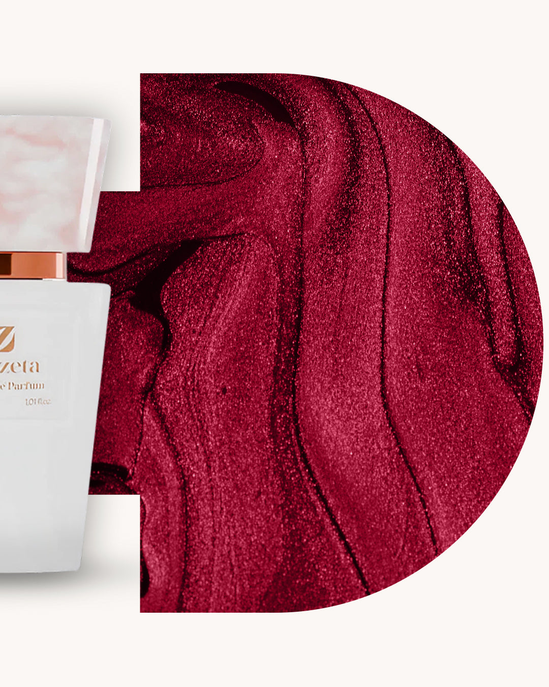 Detailansicht des Chogan 023 Extrait de Parfum, linker weisser Flakon mit rosé marmorierter Kappe, rechts dunkelroter Hintergrund mit feiner, samtiger Struktur, Duftfamilie ähnlich Hypnotic Poison Dior.