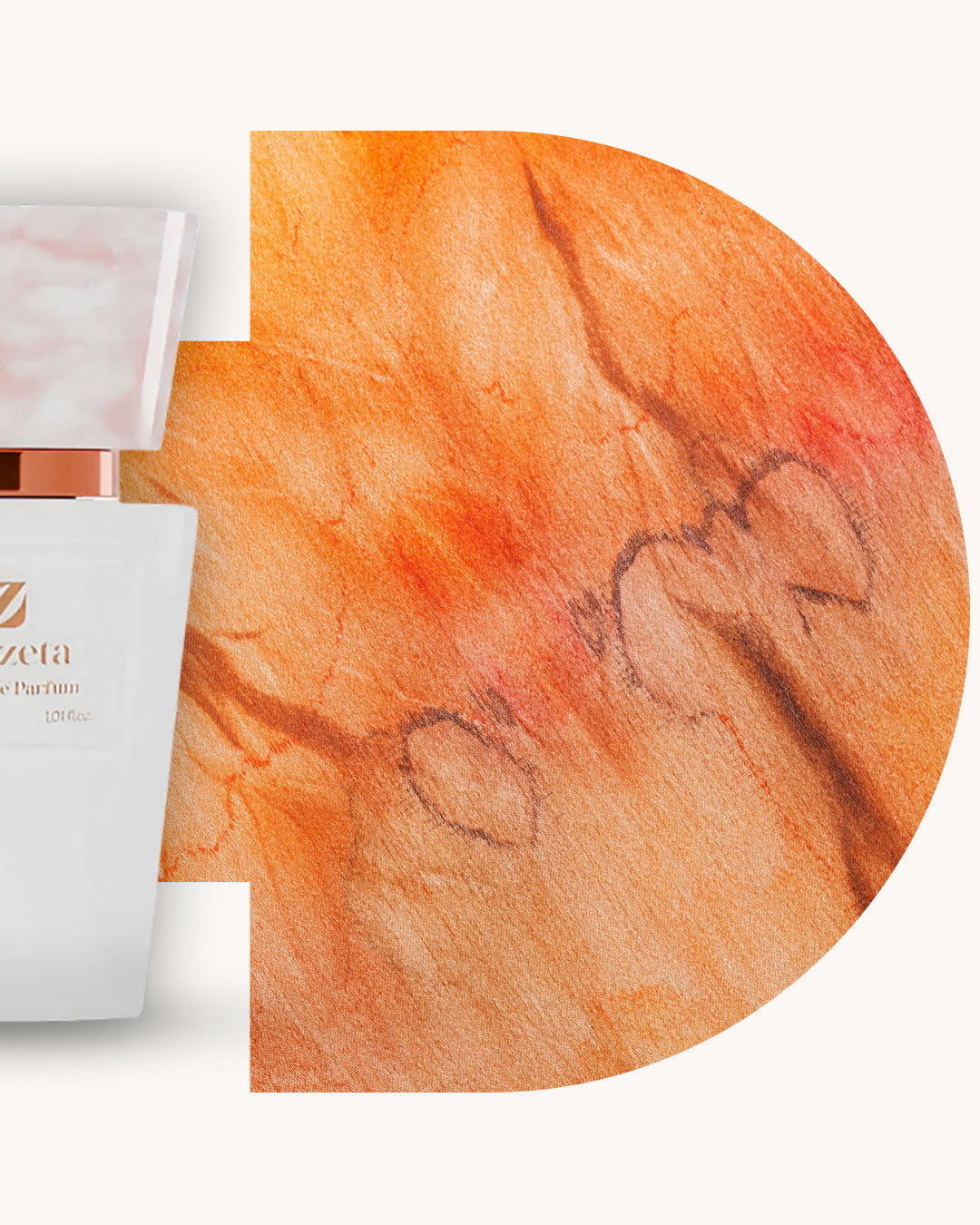 Detailansicht des Chogan 027 Extrait de Parfum, linker weisser Flakon mit rosé marmorierter Kappe, rechts orangefarbener Hintergrund mit feiner Steinstruktur, Duftfamilie ähnlich Trésor Lancôme.