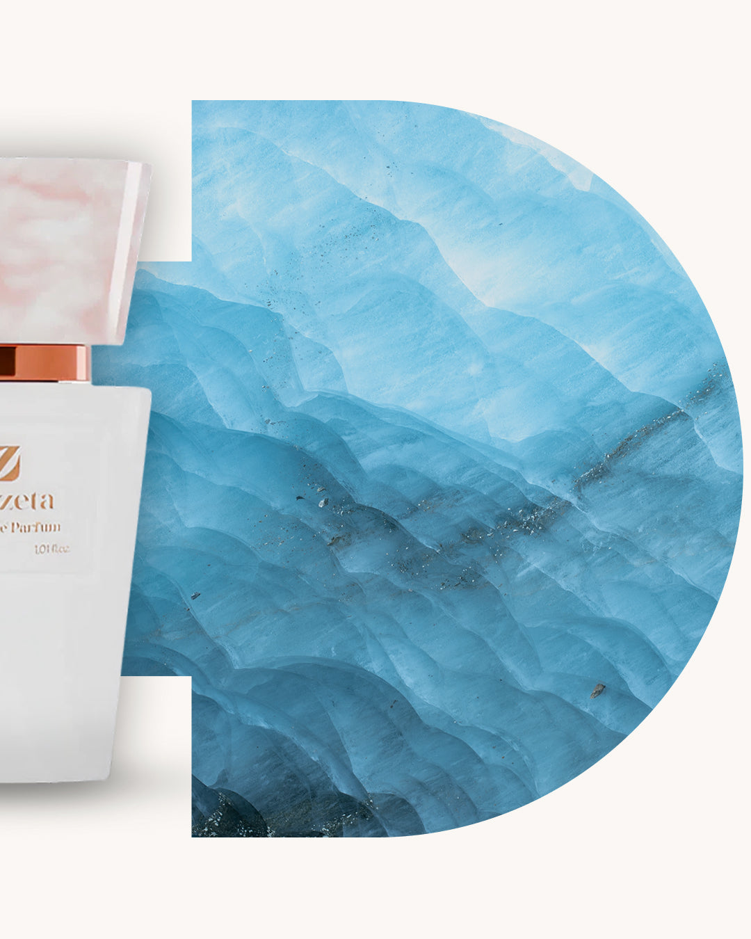 Detailansicht des Chogan 028 Extrait de Parfum, linker weisser Flakon mit rosé marmorierter Kappe, rechts hellblauer Hintergrund mit kristalliner Struktur, Duftfamilie ähnlich Angel Mugler.