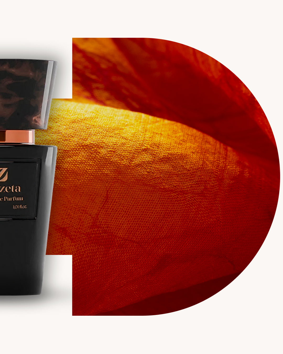 Detailansicht des Chogan 032 Extrait de Parfum, linker schwarzer Flakon mit braun marmorierter Kappe, rechts rot-gelber Hintergrund mit strukturierter Textur, Duftfamilie ähnlich Spicebomb Viktor&Rolf.
