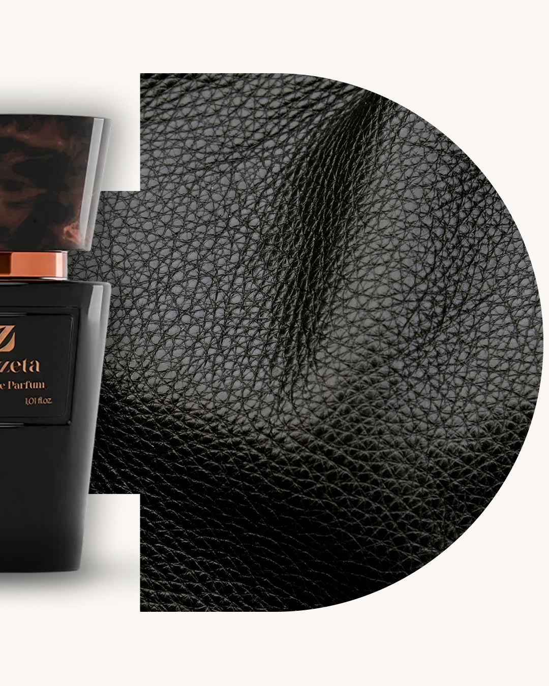 Detailansicht des Chogan 033 Extrait de Parfum, linker schwarzer Flakon mit braun marmorierter Kappe, rechts strukturierter schwarzer Lederhintergrund, Duftfamilie ähnlich Armani Black Code.