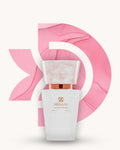 Chogan 042 Extrait de Parfum, weisser Parfumflakon mit rosa marmorierter Verschlusskappe und kupferfarbenem Akzent, mittig vor rosa D-förmigem Hintergrund mit sanfter Marmorstruktur, Duftfamilie ähnlich La Vie est Belle.
