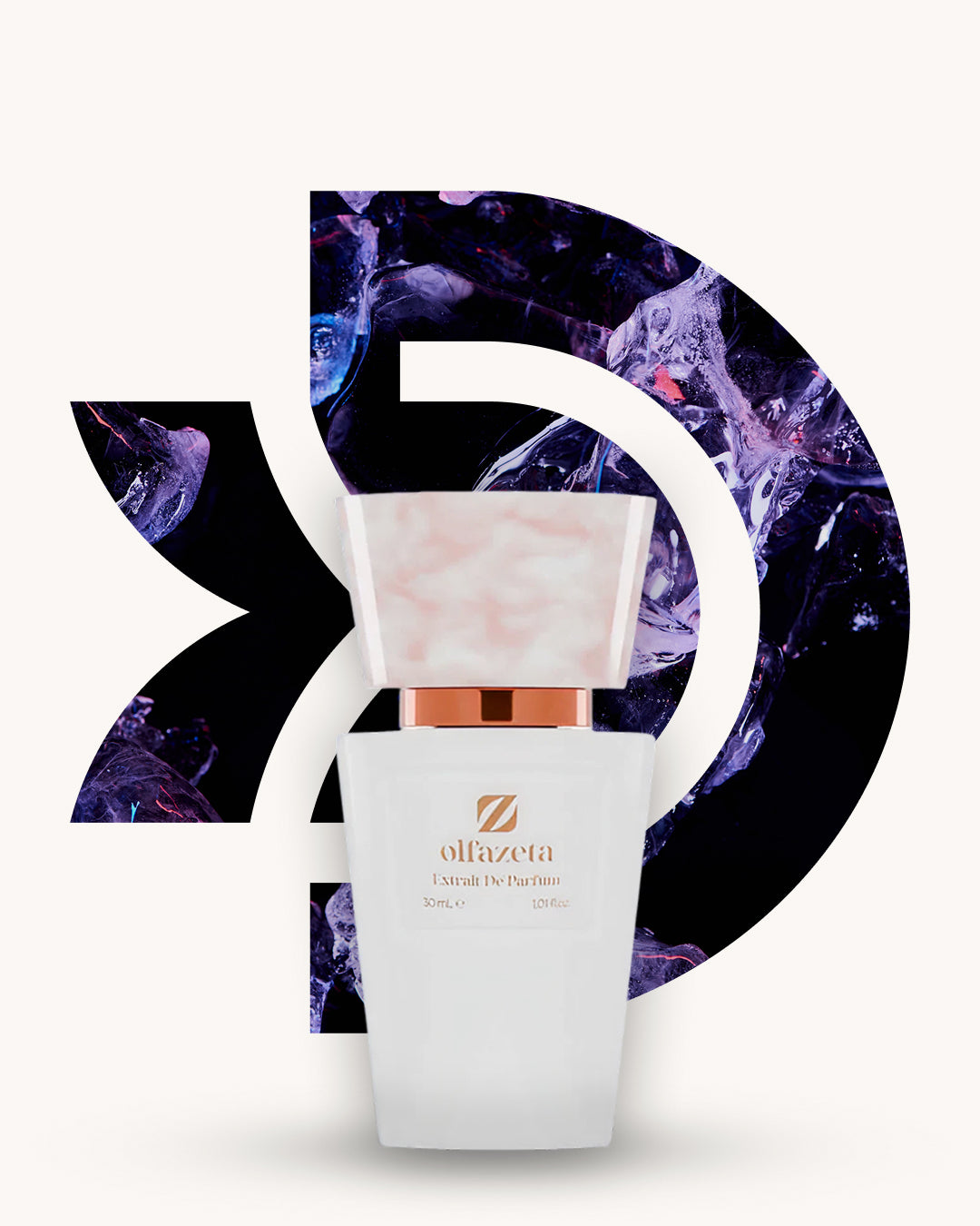 Chogan 047 Extrait de Parfum, weisser Parfumflakon mit rosa marmorierter Verschlusskappe und kupferfarbenem Akzent, mittig vor dunkelviolettem D-förmigem Hintergrund mit kristallartiger Struktur, Duftfamilie ähnlich Crystal Noir.