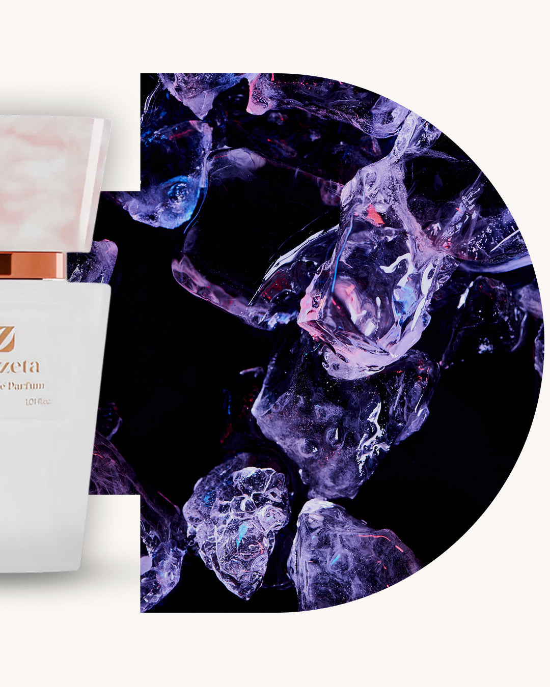 Detailansicht des Chogan 047 Extrait de Parfum, linker weisser Flakon mit rosa marmorierter Kappe, rechts dunkelvioletter Hintergrund mit gläserner Kristallstruktur, Duftfamilie ähnlich Crystal Noir.