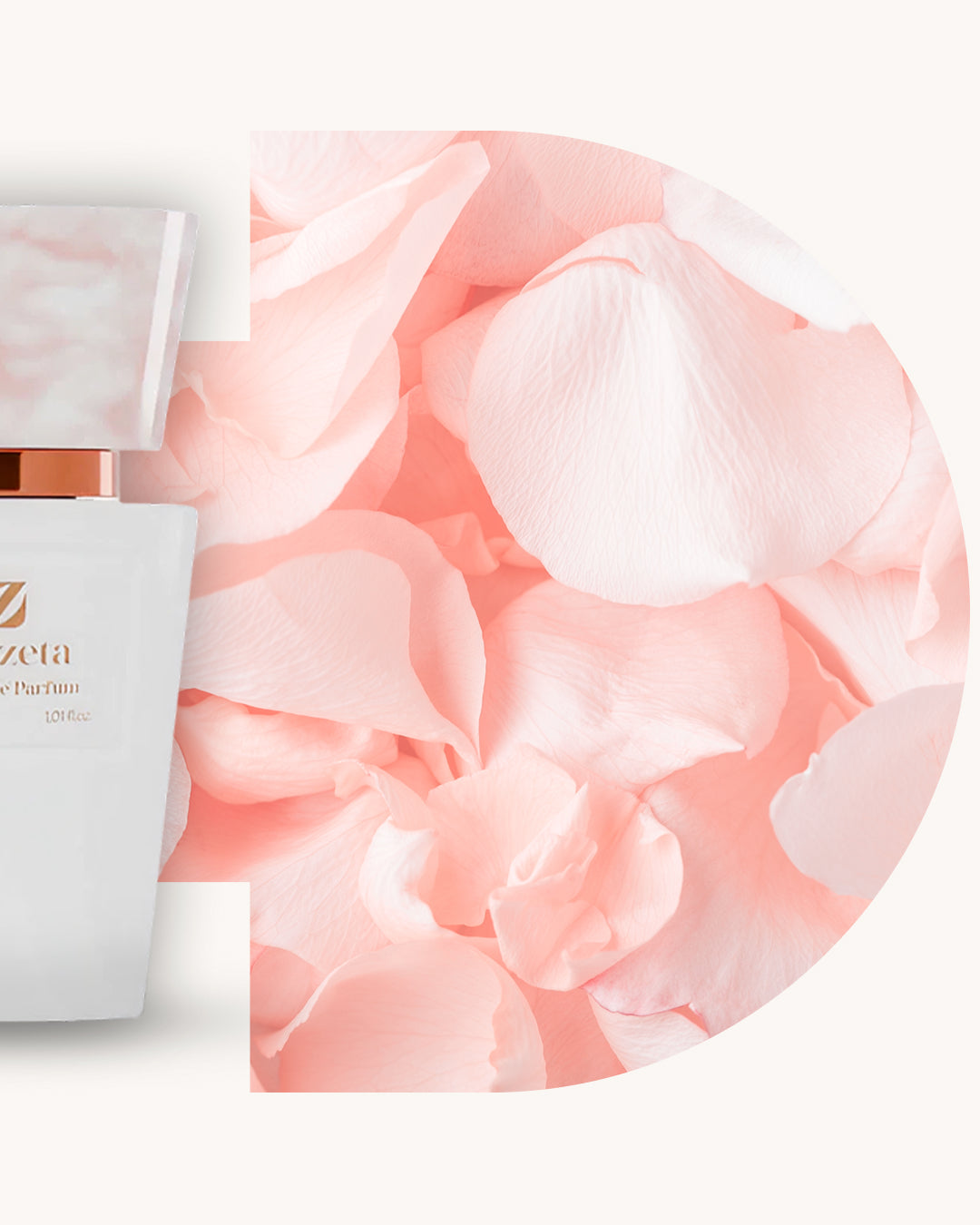 Detailansicht des Chogan 051 Extrait de Parfum, linker weisser Flakon mit rosa marmorierter Kappe, rechts zartrosa Hintergrund mit feinen Rosenblüten, Duftfamilie ähnlich Coco Mademoiselle.
