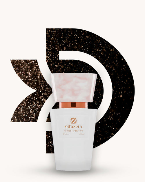 Chogan 055 Extrait de Parfum, weisser Parfumflakon mit rosa marmorierter Verschlusskappe und kupferfarbenem Akzent, mittig vor schwarzem D-förmigem Hintergrund mit funkelnden goldbraunen Lichtreflexen, Duftfamilie ähnlich Black Opium.