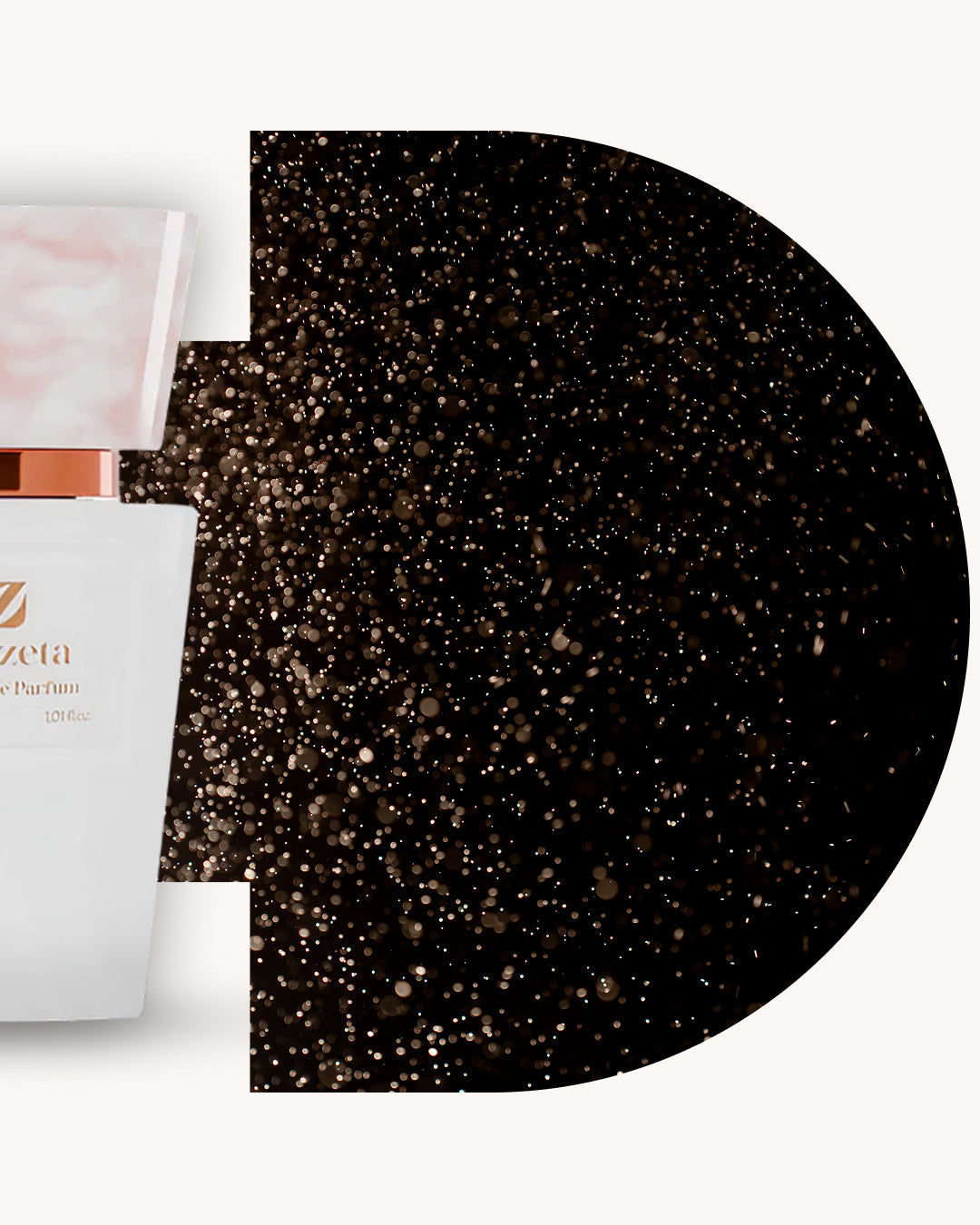 Detailansicht des Chogan 055 Extrait de Parfum, linker weisser Flakon mit rosa marmorierter Kappe, rechts schwarzer Hintergrund mit goldbraunen Lichtpunkten, Duftfamilie ähnlich Black Opium.