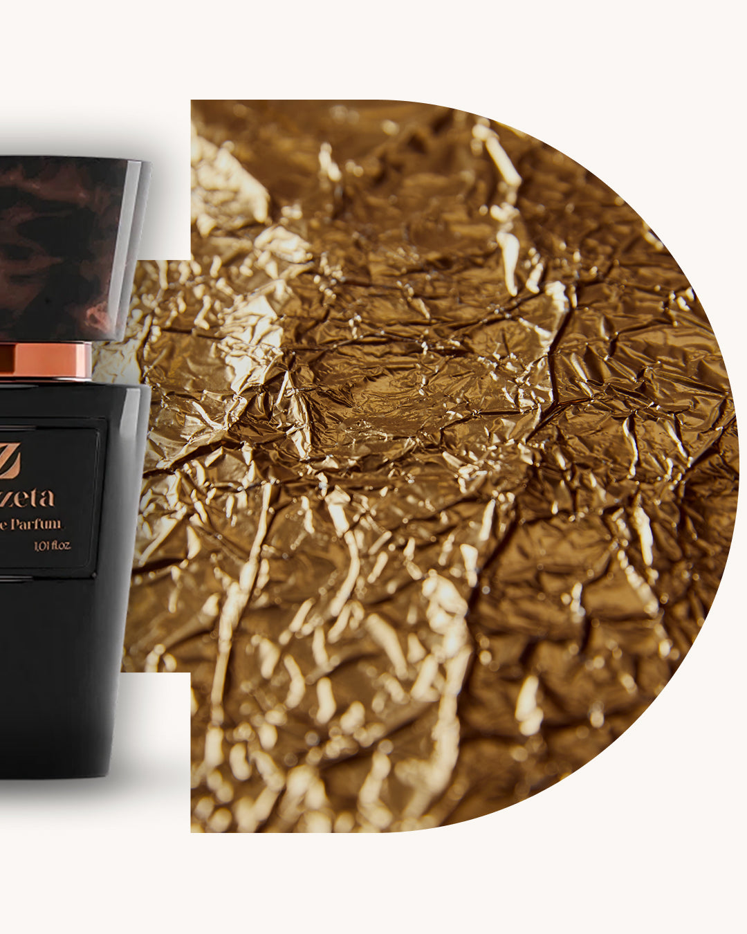 Detailansicht des Chogan 060 Extrait de Parfum, linker schwarzer Flakon mit kupferfarbenem Akzent, rechts goldener Hintergrund mit glänzender metallischer Struktur, Duftfamilie ähnlich Millesime Imperial.