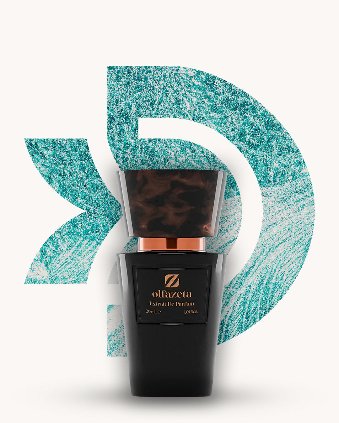 Chogan 061 Extrait de Parfum, schwarzer Parfumflakon mit kupferfarbenem Akzent und dunkler marmorierter Kappe, mittig vor türkisfarbenem D-förmigem Hintergrund mit texturierter, wasserähnlicher Struktur, Duftfamilie ähnlich Invictus.