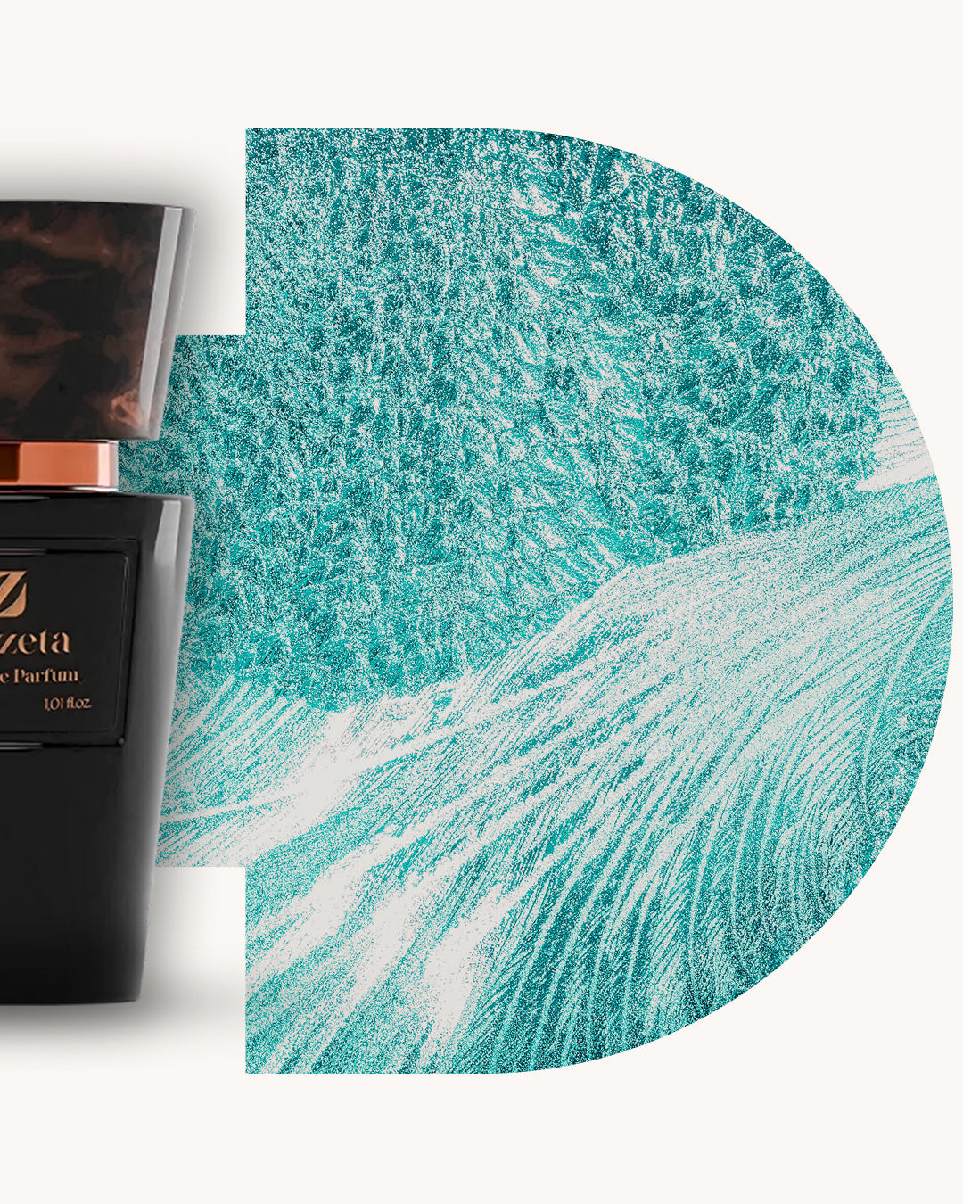 Detailansicht des Chogan 061 Extrait de Parfum, linker schwarzer Flakon mit kupferfarbenem Akzent, rechts türkisfarbener Hintergrund mit dynamischer, wellenartiger Struktur, Duftfamilie ähnlich Invictus.