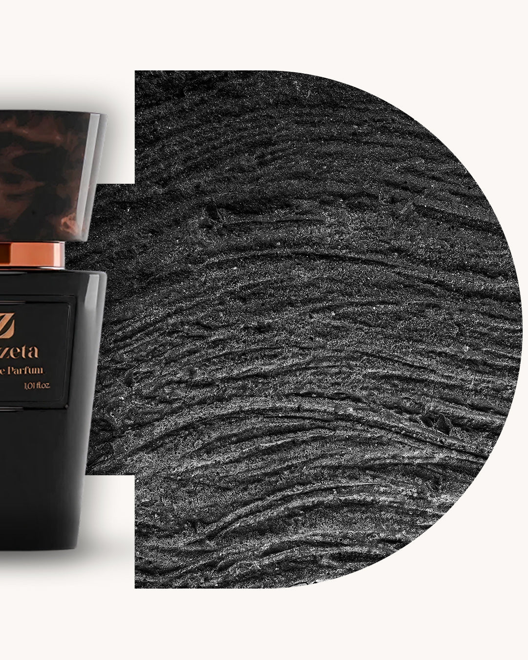 Detailansicht des Chogan 068 Extrait de Parfum, linker schwarzer Flakon mit kupferfarbenem Akzent, rechts dunkler strukturierter Hintergrund in Anthrazit, Duftfamilie ähnlich Aventus.