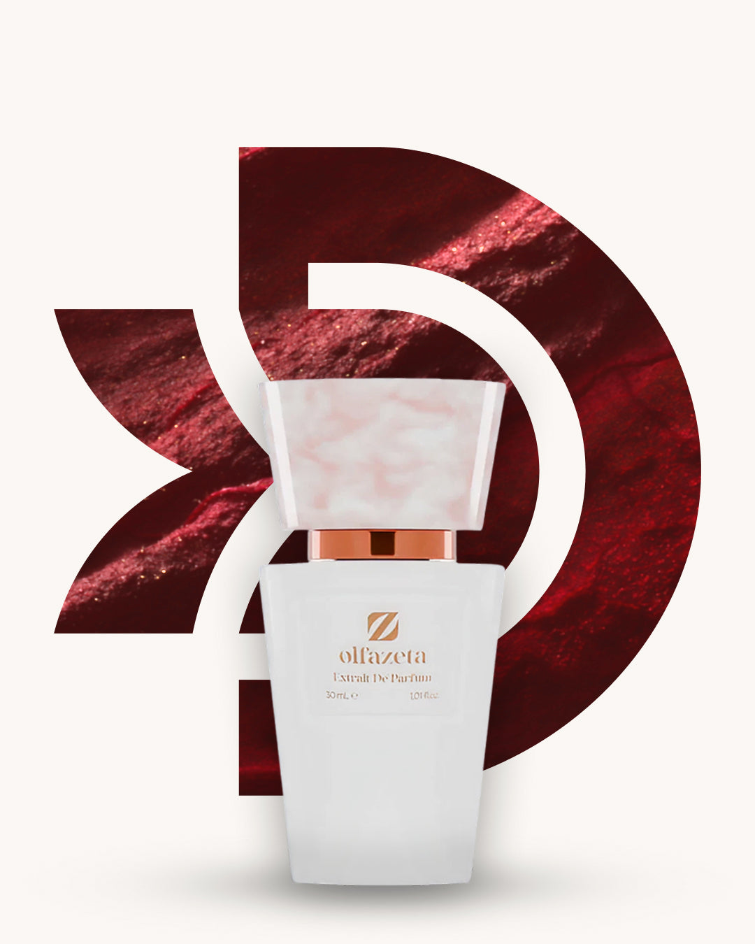 Chogan 080 Extrait de Parfum, weisser Parfumflakon mit rosa marmorierter Verschlusskappe, mittig vor dunkelrotem D-förmigem Hintergrund mit samtig-marmorierter Struktur, Duftfamilie ähnlich Sì.
