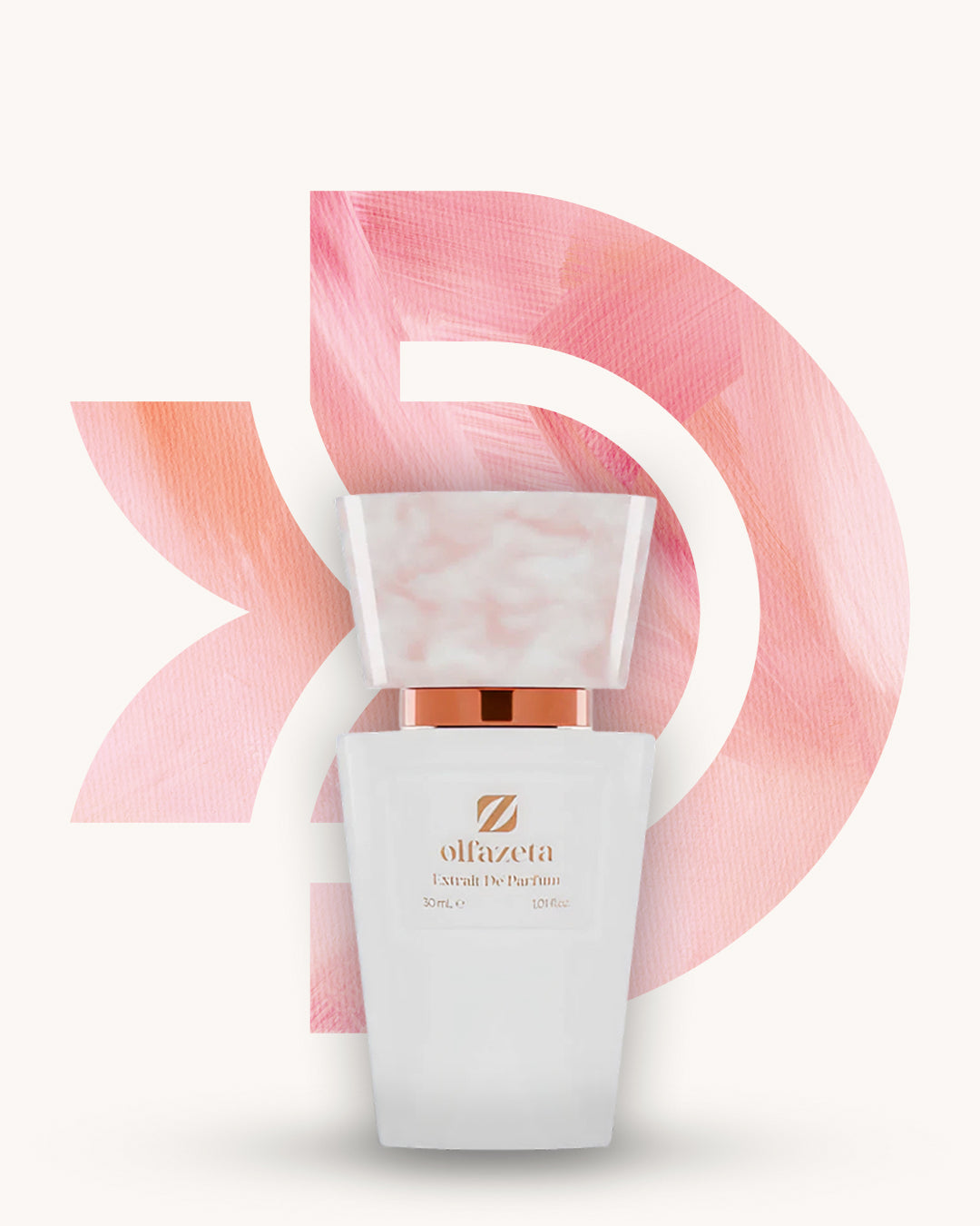 Chogan 085 Extrait de Parfum, weisser Parfumflakon mit rosa marmorierter Verschlusskappe, mittig vor rosafarbenem D-förmigem Hintergrund mit weicher Textur, Duftfamilie ähnlich Chance.
