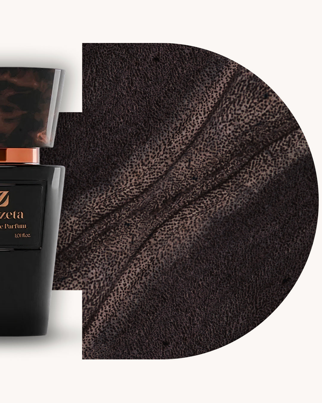 Detailansicht des Chogan 086 Extrait de Parfum, linker schwarzer Flakon, rechts dunkelbrauner Hintergrund mit lederähnlicher Textur, Duftfamilie ähnlich Legend.