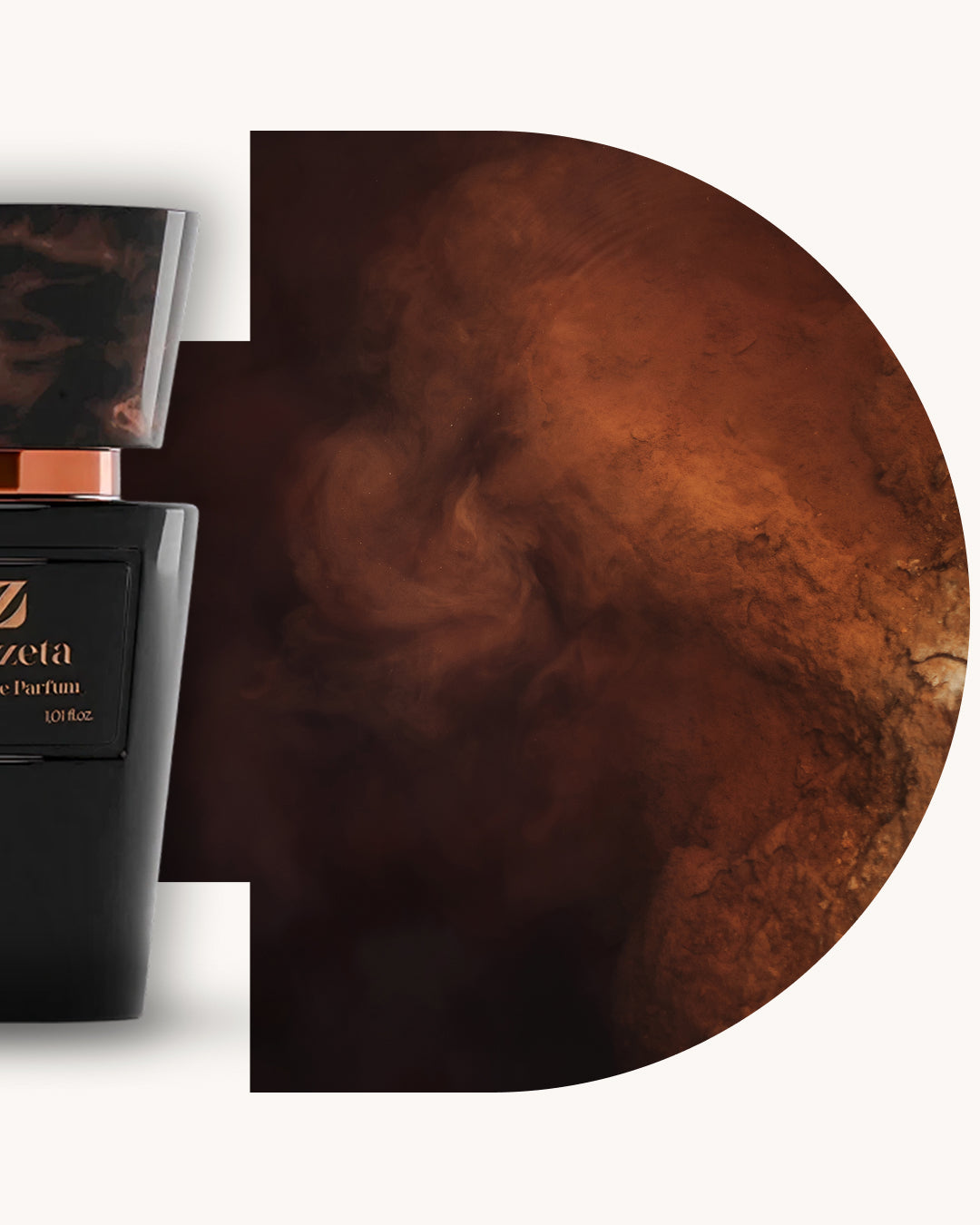 Detailansicht des Chogan 088 Extrait de Parfum, linker schwarzer Flakon, rechts braun-rauchiger Hintergrund mit marmorierter Struktur, Duftfamilie ähnlich Man in Black.