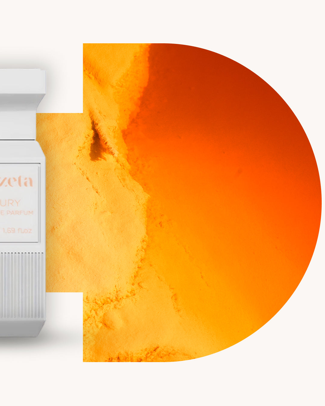 Detailansicht des Chogan 101 Extrait de Parfum, linker weisser Flakon, rechts orange-gelber Hintergrund mit weichem Farbverlauf, Duftfamilie ähnlich Velvet Amber Skin.