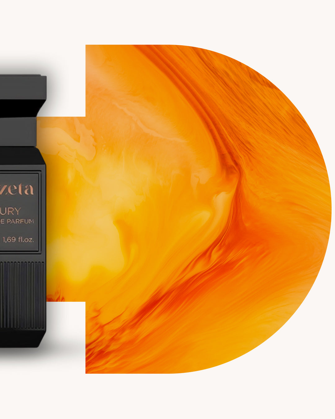 Detailansicht des Chogan 102 Extrait de Parfum, linker schwarzer Flakon, rechts orange-gelber Hintergrund mit marmorierter Textur, Duftfamilie ähnlich Velvet Amber Sun.