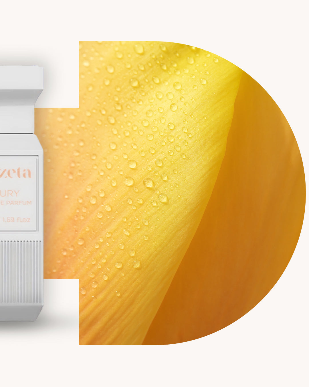 Detailansicht des Chogan 109 Extrait de Parfum, linker weisser Flakon, rechts goldgelber Hintergrund mit feiner Blütenstruktur und Tropfen, Duftfamilie ähnlich J'adore L'Or.