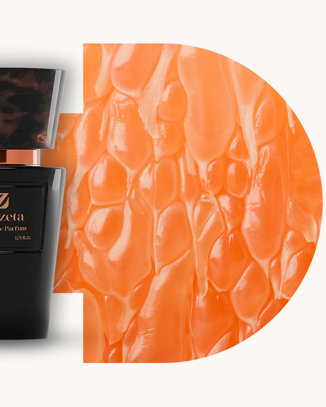 Detailansicht des Chogan 110 Extrait de Parfum, linker schwarzer Flakon, rechts orangefarbener strukturierter Hintergrund mit Glanzakzenten, Duftfamilie ähnlich Tiziana Terenzi.