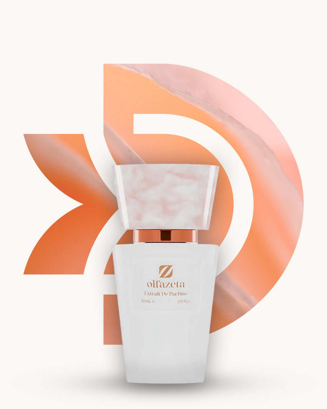 Chogan 115 Extrait de Parfum, weisser Flakon mit rosa marmorierter Verschlusskappe vor lachs-orangefarbenem D-förmigem Hintergrund mit sanften Verläufen, Duftfamilie ähnlich Idole.