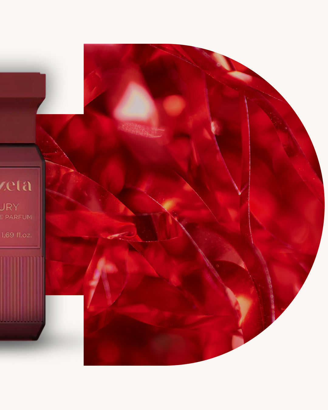 Detailansicht des Chogan 118 Extrait de Parfum, roter Flakon links, rechts leuchtend roter Hintergrund mit Lichtreflexen, Duftfamilie ähnlich Baccarat Rouge 540.