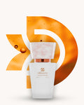 Chogan 119 Extrait de Parfum, weisser Flakon mit rosa marmorierter Verschlusskappe vor gold-orange schimmerndem D-förmigem Hintergrund mit kleinen runden Blasen, Duftfamilie ähnlich Scandal.