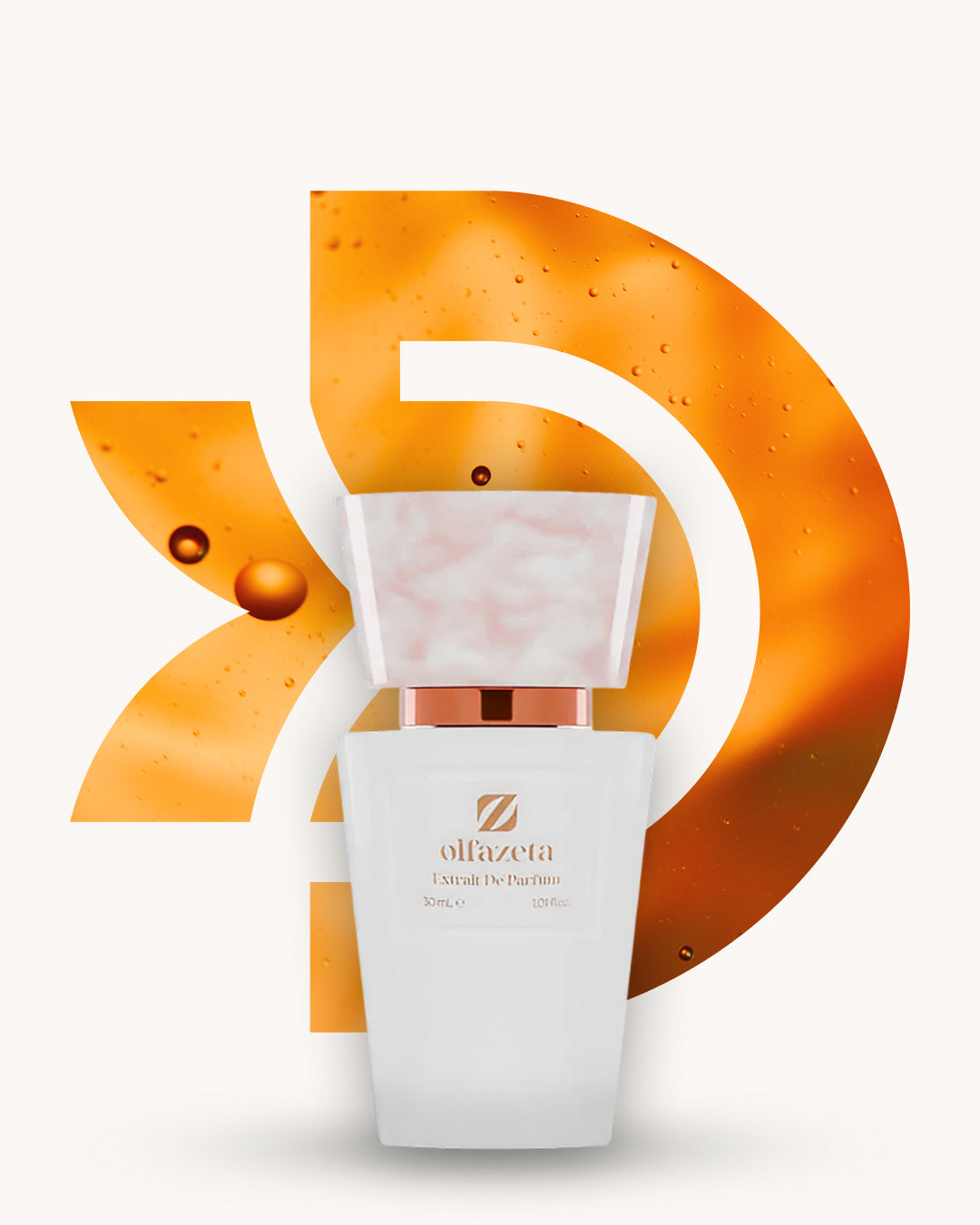 Chogan 119 Extrait de Parfum, weisser Flakon mit rosa marmorierter Verschlusskappe vor gold-orange schimmerndem D-förmigem Hintergrund mit kleinen runden Blasen, Duftfamilie ähnlich Scandal.