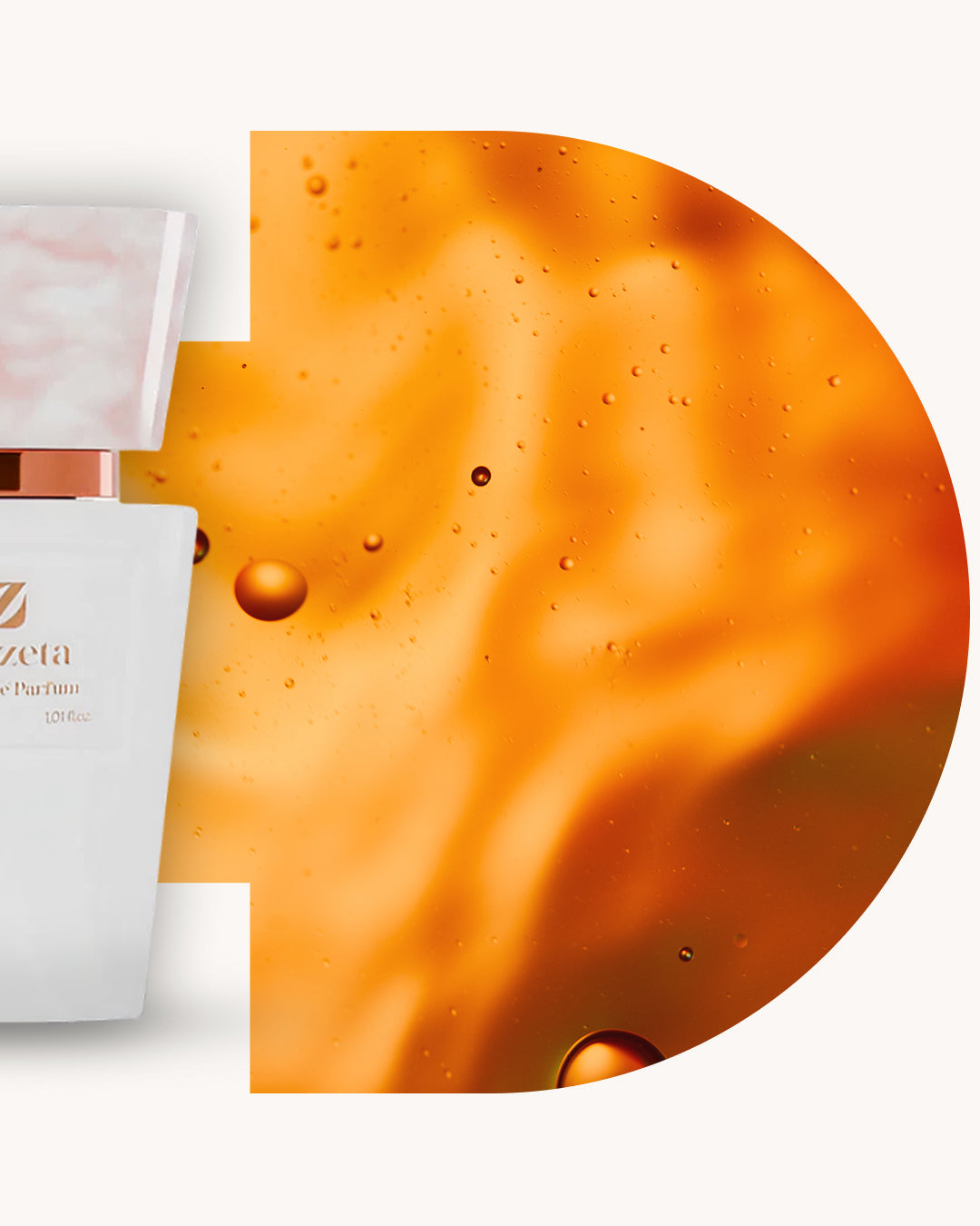 Detailansicht des Chogan 119 Extrait de Parfum, weisser Flakon links, rechts gold-orange schimmernder Hintergrund mit runden Blasen, Duftfamilie ähnlich Scandal.