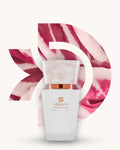 Chogan 121 Extrait de Parfum, weisser Flakon mit rosa marmorierter Verschlusskappe vor pink-weissem D-förmigem Hintergrund mit sanften Streifen, Duftfamilie ähnlich L’Interdit.