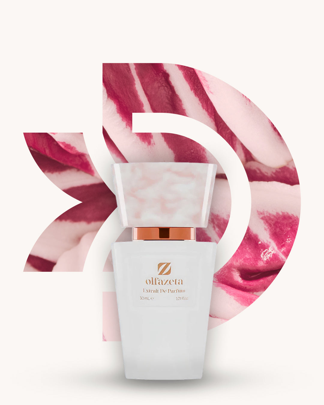 Chogan 121 Extrait de Parfum, weisser Flakon mit rosa marmorierter Verschlusskappe vor pink-weissem D-förmigem Hintergrund mit sanften Streifen, Duftfamilie ähnlich L’Interdit.