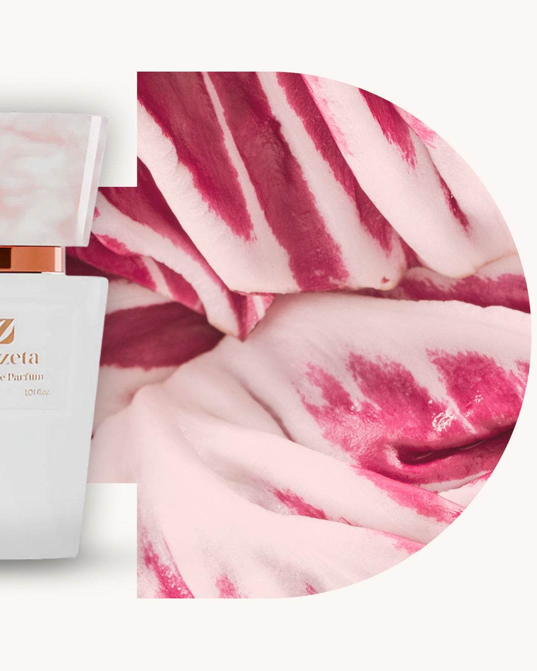Detailansicht des Chogan 121 Extrait de Parfum, weisser Flakon links, rechts pink-weisser Hintergrund mit sanften Marmorstreifen, Duftfamilie ähnlich L’Interdit.