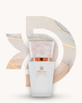 Chogan 122 Extrait de Parfum, weisser Flakon mit rosa marmorierter Verschlusskappe vor beige-grauem D-förmigem Hintergrund mit goldenen Marmorlinien, Duftfamilie ähnlich Libre.