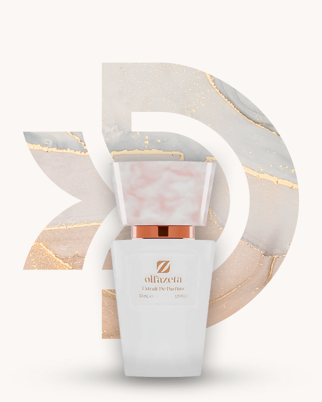 Chogan 122 Extrait de Parfum, weisser Flakon mit rosa marmorierter Verschlusskappe vor beige-grauem D-förmigem Hintergrund mit goldenen Marmorlinien, Duftfamilie ähnlich Libre.