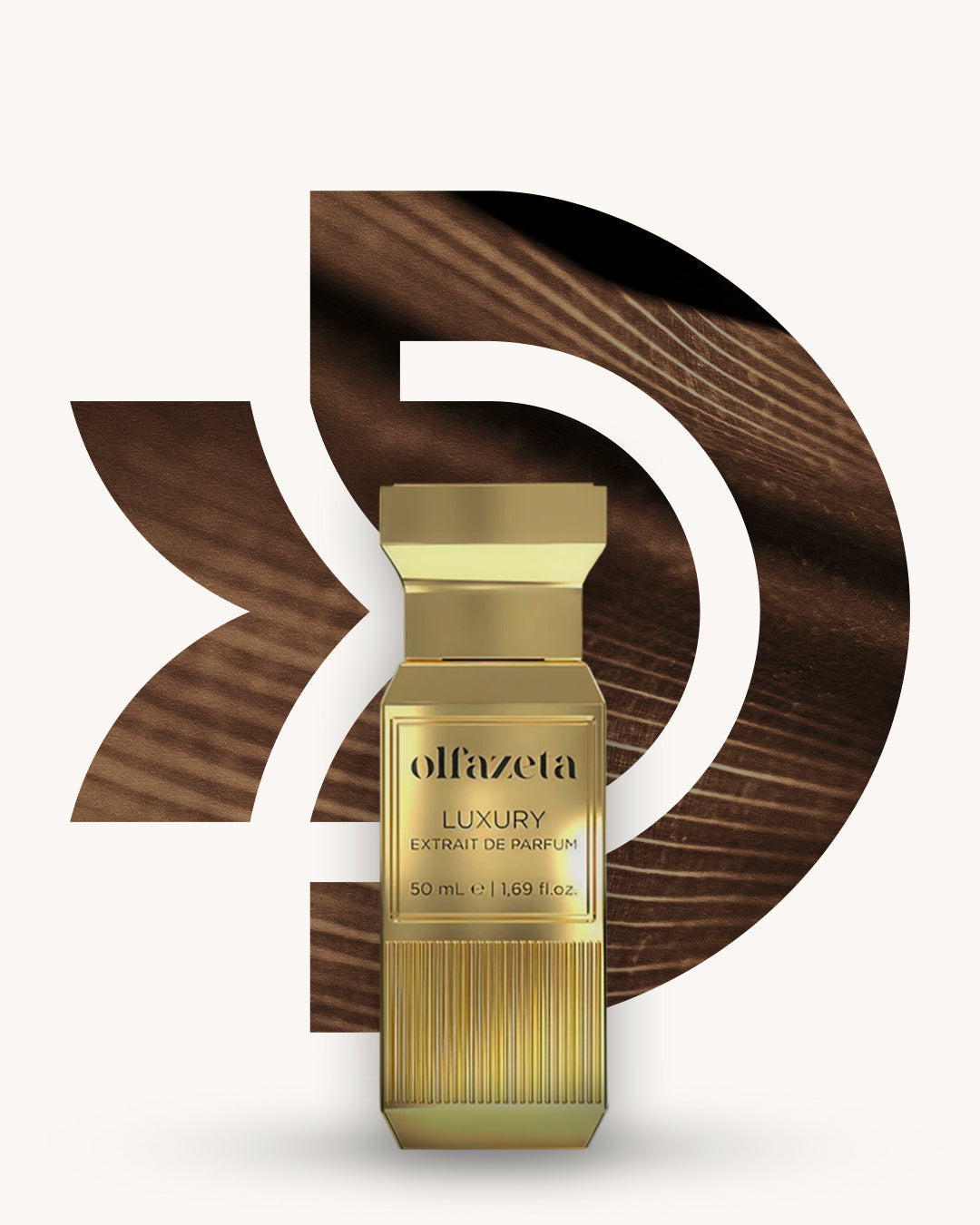 Chogan 128 Extrait de Parfum, goldfarbener gerippter Flakon mit eckiger Kappe vor dunkelbraunem D-förmigem Hintergrund mit Holzmaserung, Duftfamilie ähnlich Vanille Fatale.