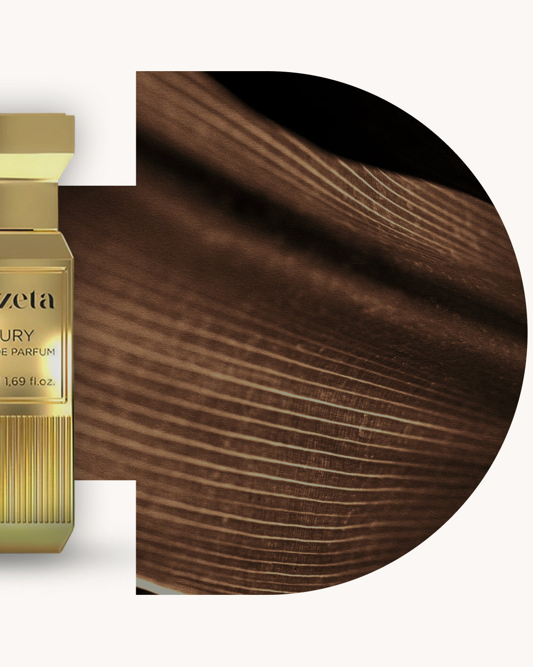 Detailansicht des Chogan 128 Extrait de Parfum, goldfarbener Flakon links, rechts dunkelbraune Holzstruktur mit feiner Maserung und Glanz, Duftfamilie ähnlich Vanille Fatale.