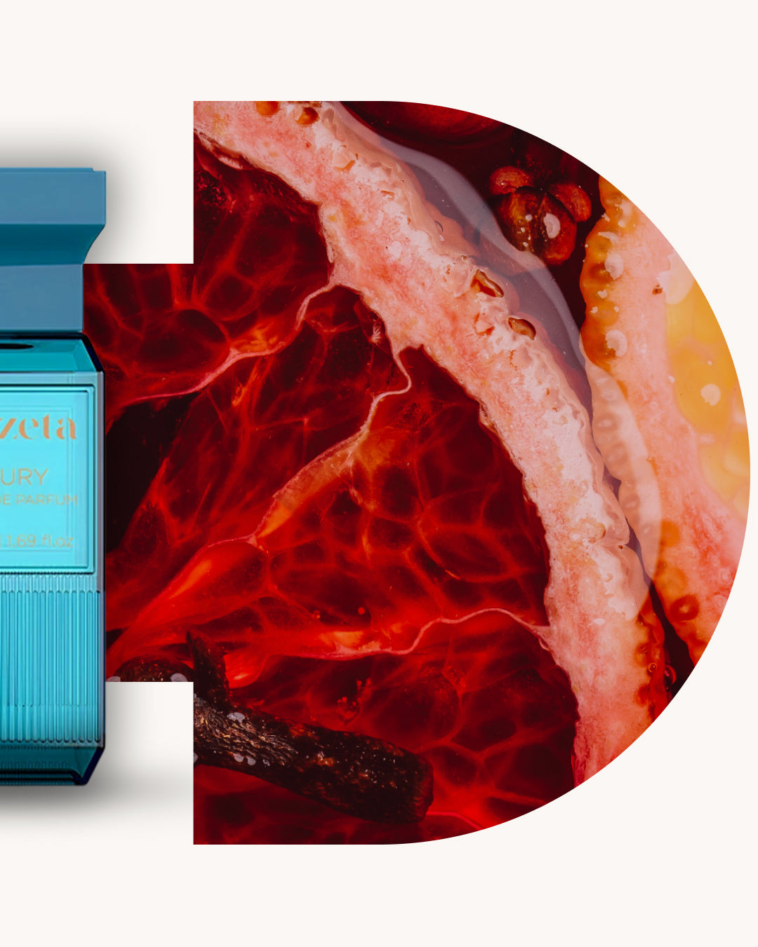 Detailansicht des Chogan 129 Extrait de Parfum, türkisblauer Flakon links, rechts rot-oranger Hintergrund mit marmorierter Struktur und Glanzeffekten, Duftfamilie ähnlich Erba Pura.