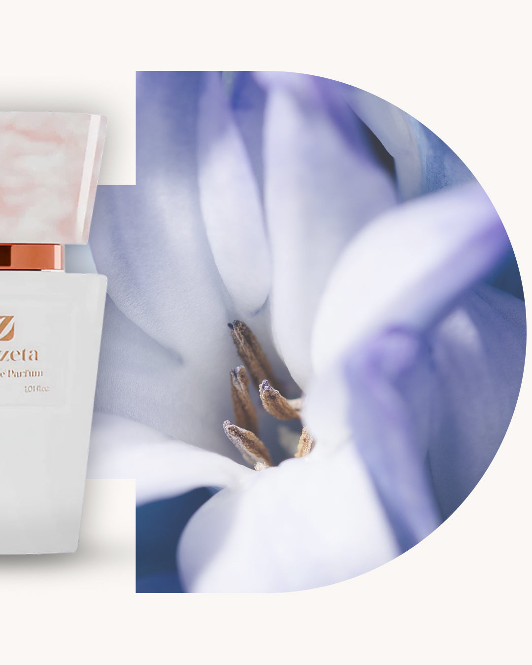 Detailansicht des Chogan 131 Extrait de Parfum, weisser Flakon links, rechts blau-violetter Blütenhintergrund mit weichem Lichtverlauf, Duftfamilie ähnlich Good Girl.