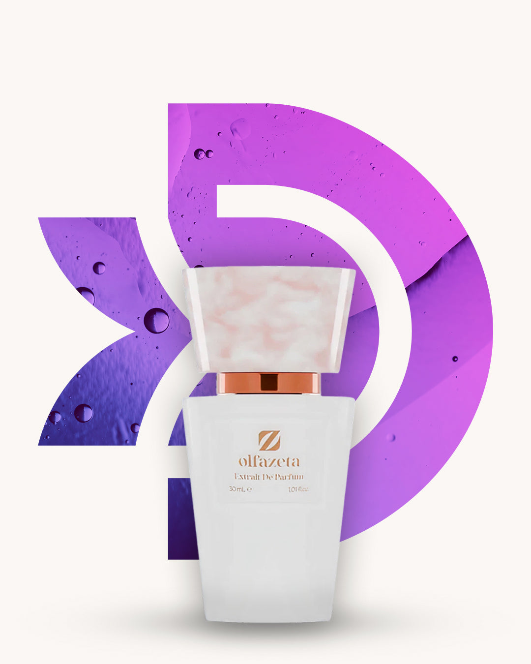 Chogan 132 Extrait de Parfum, weisser Flakon mit rosamarmorierter Verschlusskappe vor lila-violettem D-förmigem Hintergrund mit Tropfenstruktur, Duftfamilie ähnlich My Way.