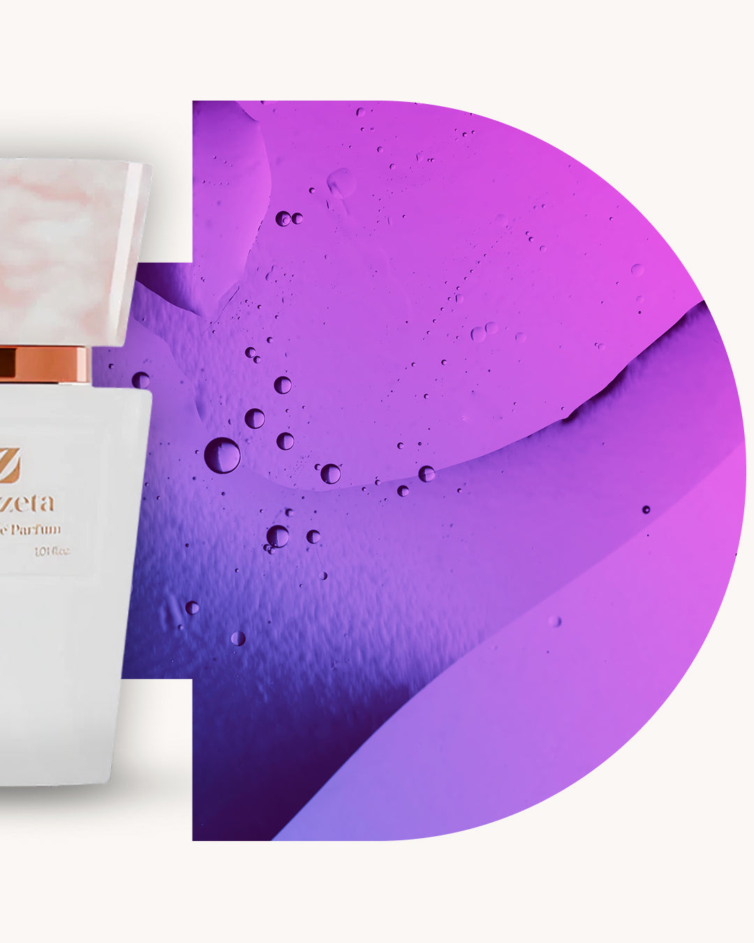Detailansicht des Chogan 132 Extrait de Parfum, weisser Flakon links, rechts lila-violetter Hintergrund mit Wassertröpfchen und Glanzeffekten, Duftfamilie ähnlich My Way.