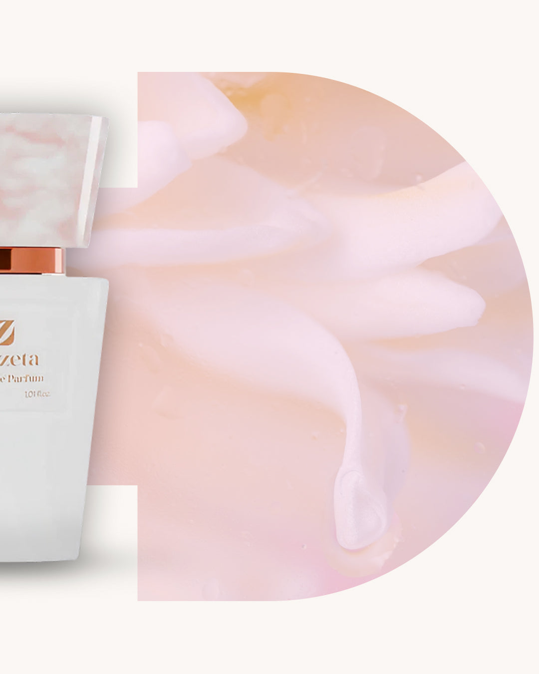 Detailansicht des Chogan 133 Extrait de Parfum, weisser Flakon links, rechts rosa-beiger Hintergrund mit weicher Textur und Lichtverlauf, Duftfamilie ähnlich Prada Paradoxe.