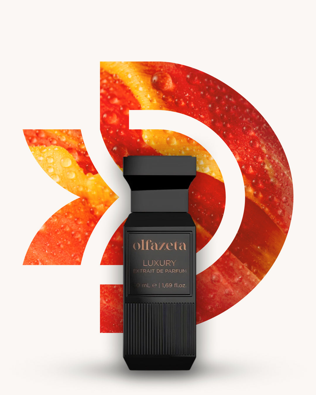 Chogan 134 Extrait de Parfum, schwarzer gerippter Flakon mit breiter Verschlusskappe vor orange-rotem D-förmigem Hintergrund mit gelben Adern und Wassertropfen, Duftfamilie ähnlich Bitter Peach.