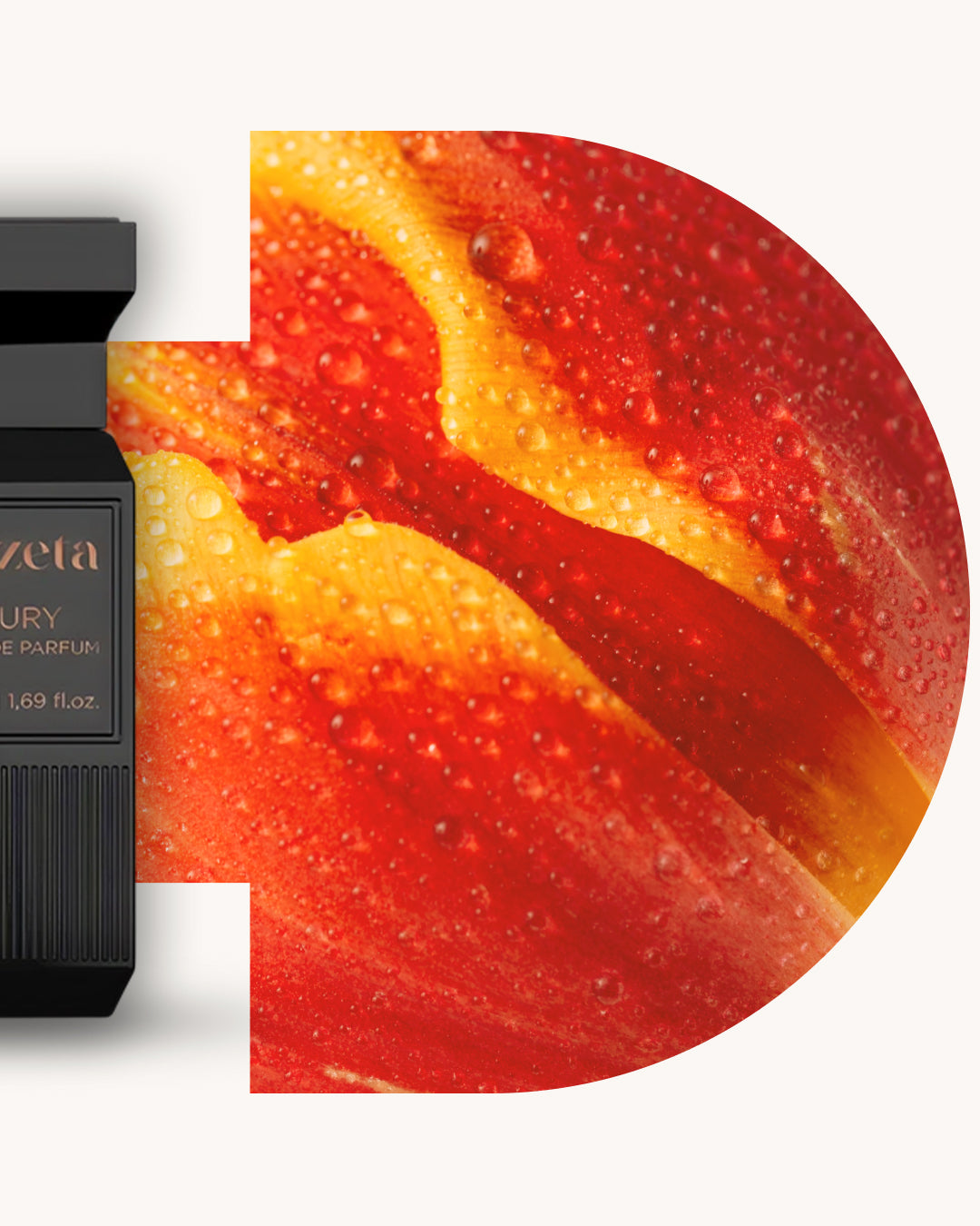 Detailansicht des Chogan 134 Extrait de Parfum, schwarzer Flakon links, rechts orange-roter Hintergrund mit gelben Farbverläufen und feinen Wassertropfen, Duftfamilie ähnlich Bitter Peach.